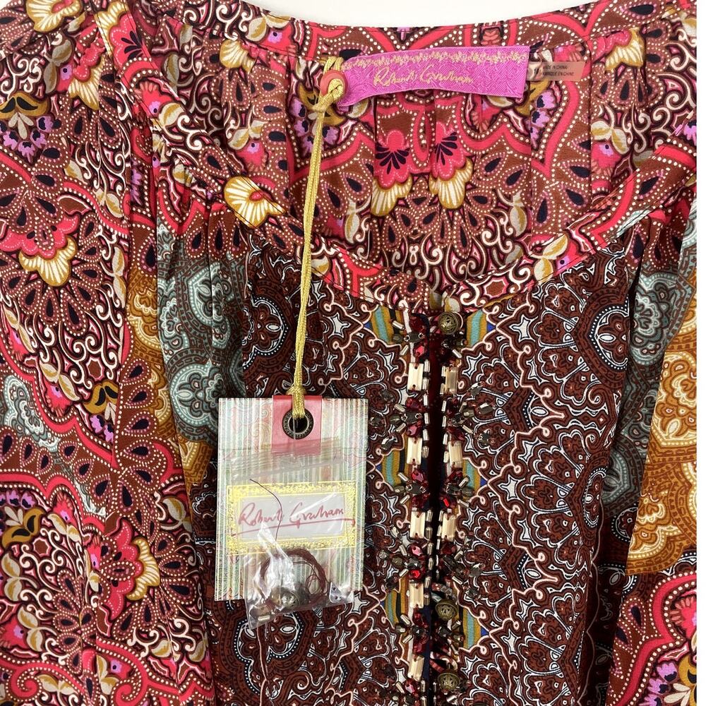 Robert Graham 100% Silk Printed Tunic Dress Embellished Boho Vacation Size 10 - Picture 5 of 9